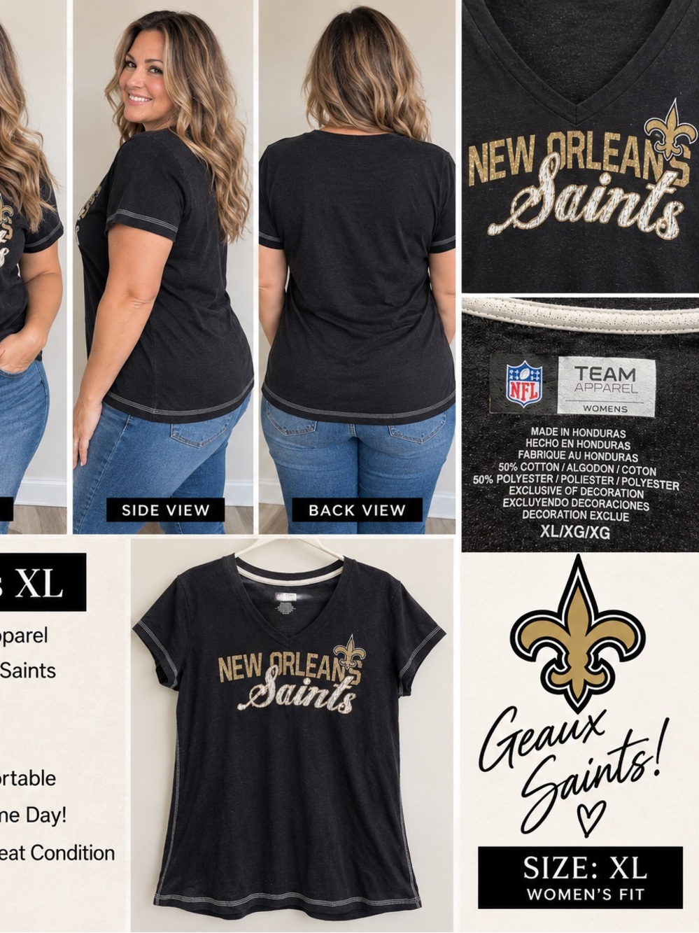 Team Apparel New Orleans Saints Black V-Neck Tee with Gold & White Script